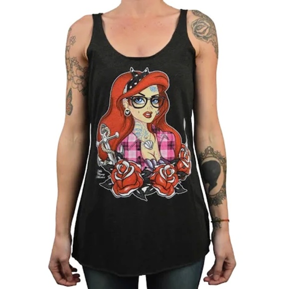 Miss Cherry Martini Tops - Tattooed Mermaid Custom Tattooed Ariel Black Racerback Tank Top S-M-L-XL-XXL NWT